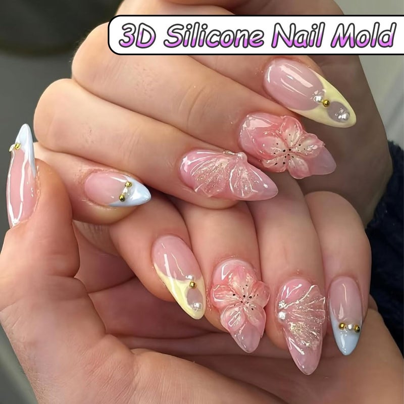 Mtruil 1 Pcs Silicone Nail Molds Flowers Nail Art Molds 3D Silicone for Gel with Carving Clear Modeling Clear Floral Nail Stencils Exquisite Blossom Design Carved Nails Mold Manicure Carving Mould for Women - Image 5